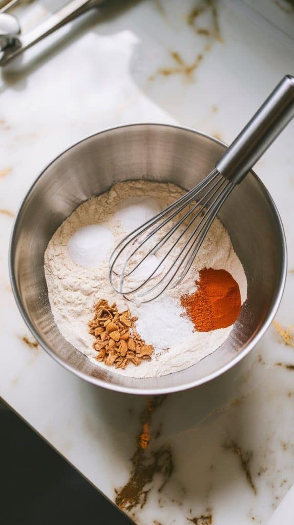 a medium mixing bowl with all-purpose flour, baking soda, baking powder, salt, and cinnamon