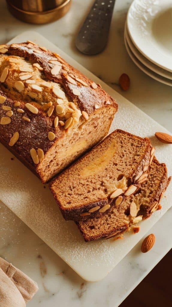 freshly baked almond croissant banana bread on a wire rack, dusted with powdered sugar