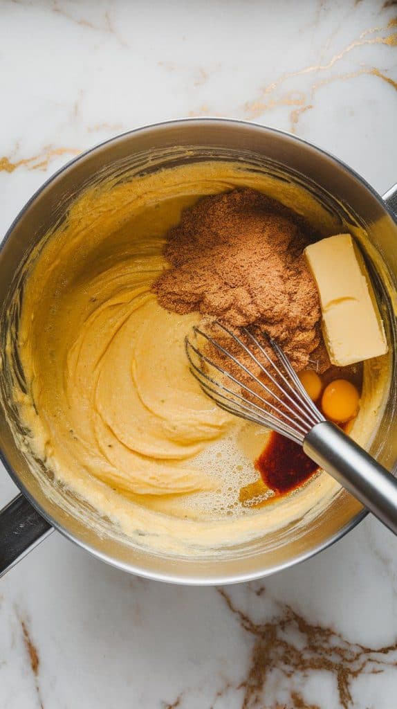 a large mixing bowl with mashed bananas, melted butter, packed brown sugar, eggs, and vanilla extract