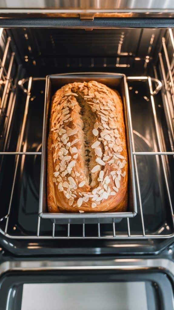 a loaf pan inside a modern stainless steel double oven. The almond croissant banana bread is rising and turning golden brown