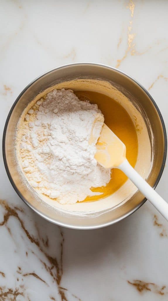 a large mixing bowl with thick banana bread batter being gently folded with a spatula
