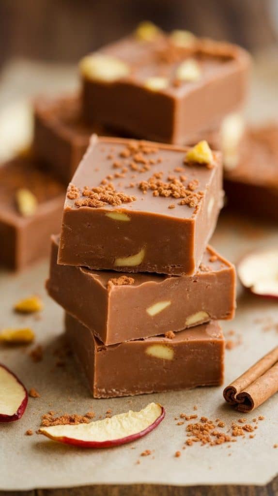 A super close-up shot of Apple Cinnamon Fudge squares stacked on parchment paper