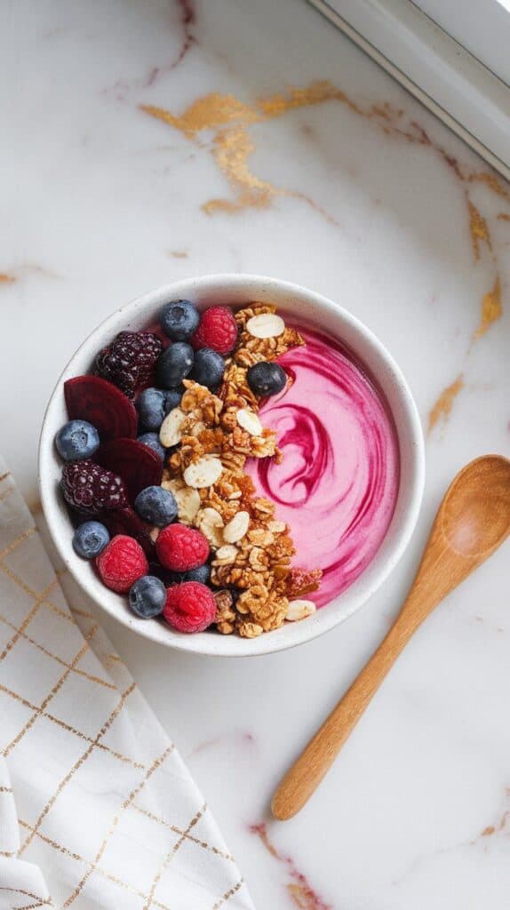 a finished beet berry yogurt bowl with a creamy pink swirl, fresh berries, beet slices, granola, and honey drizzle