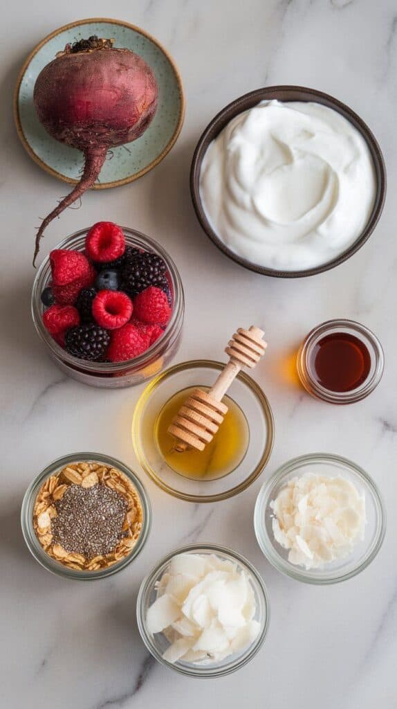 beet berry yogurt bowl ingredients: peeled roasted beet on a small plate, thick Greek yogurt in a shallow dish, mixed fresh berries in a small glass bowl, honey drizzled into a glass plate, vanilla extract poured onto a shallow dish