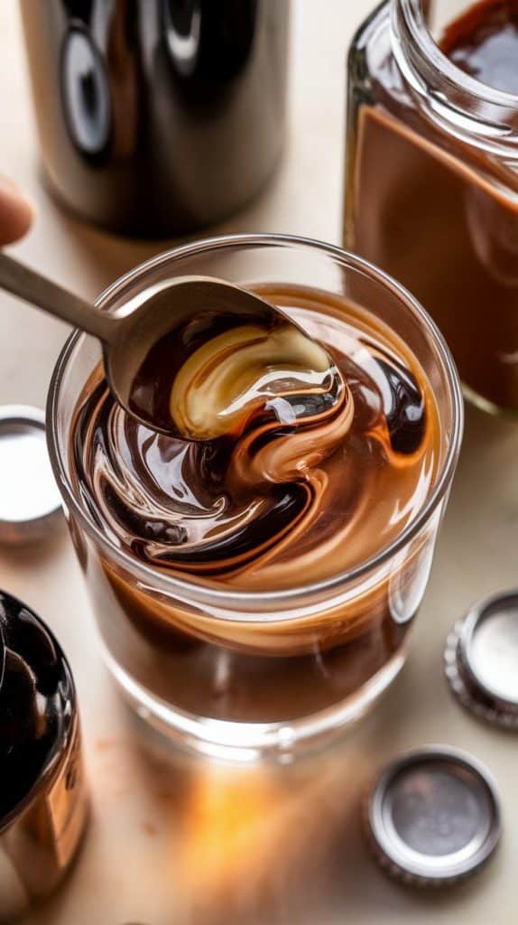 A super close-up, top-down shot of a bar spoon stirring vodka, coffee liqueur, and chocolate liqueur in a clear mixing glass