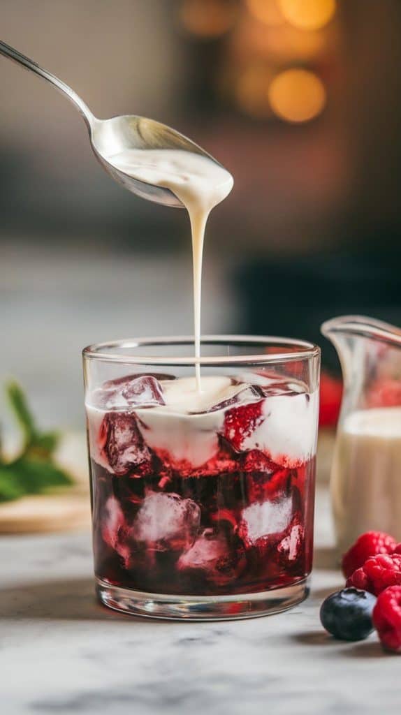 A super close-up shot of heavy cream being poured over a spoon into a glass