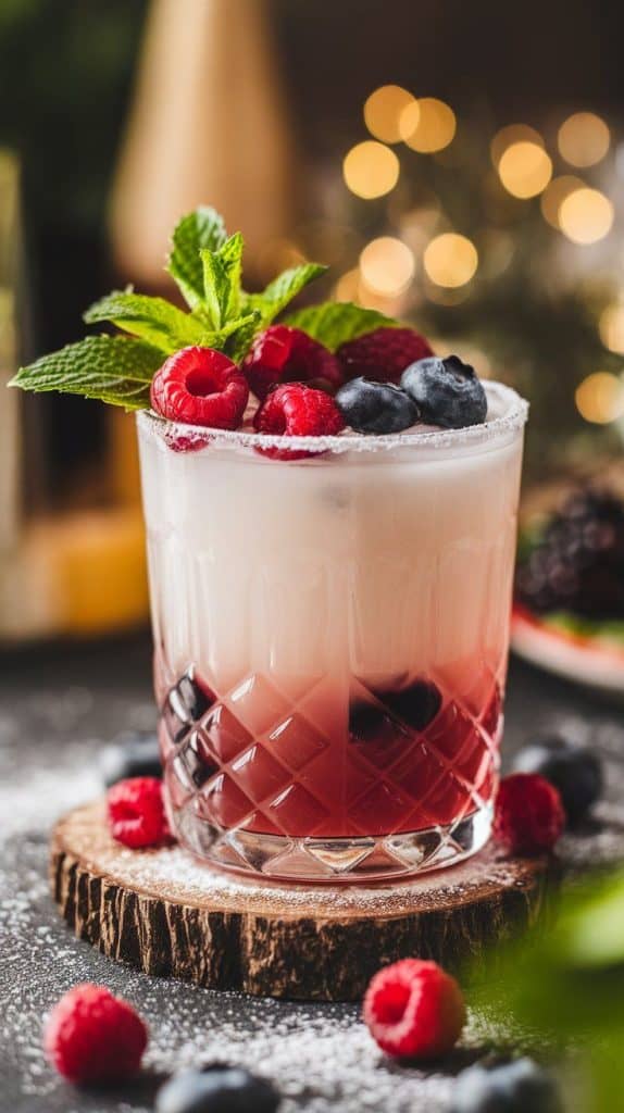 A super close-up shot of a Berry White Russian topped with fresh raspberries, blueberries, a sprinkle of powdered sugar, and a bright mint sprig