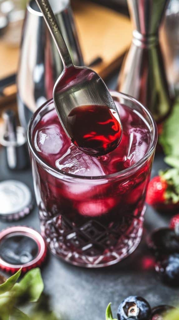  A super close-up, top-down shot of a bar spoon stirring vodka, coffee liqueur, and deep red berry syrup in a clear mixing glass