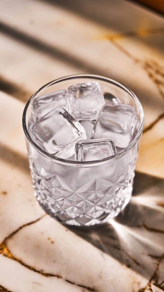 A super close-up shot of a short glass filled with ice cubes
