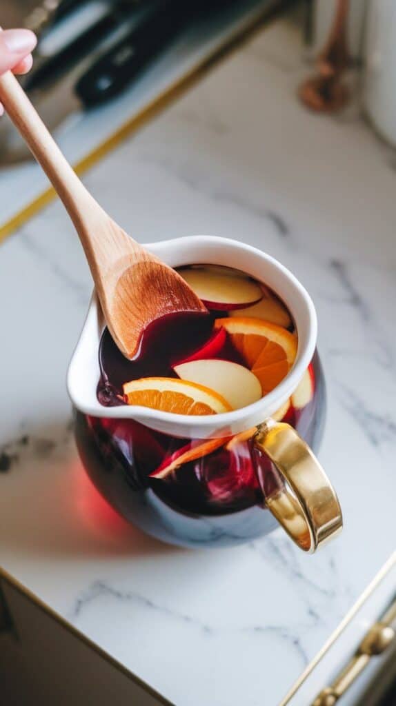 a wooden spoon gently stirring the deep crimson sangria with floating orange and apple slices, liquid swirling in the pitcher