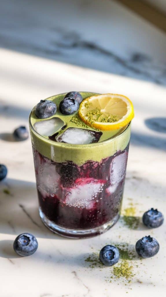 super close-up, top-down shot of the finished Blueberry Lemon Matcha Fizz