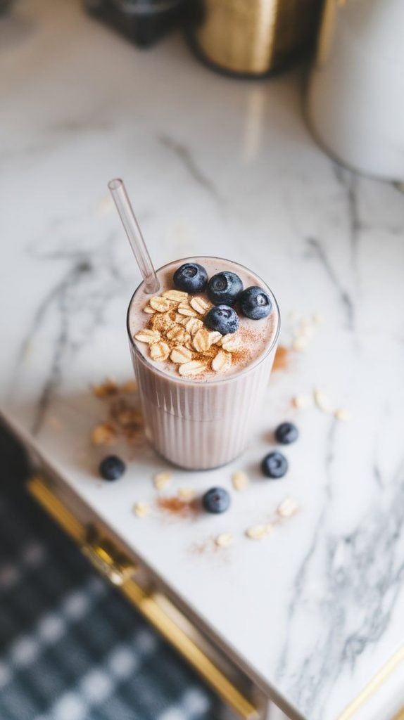 a Blueberry Muffin Protein Shake topped with fresh blueberries, a light sprinkle of rolled oats, and a dusting of cinnamon.