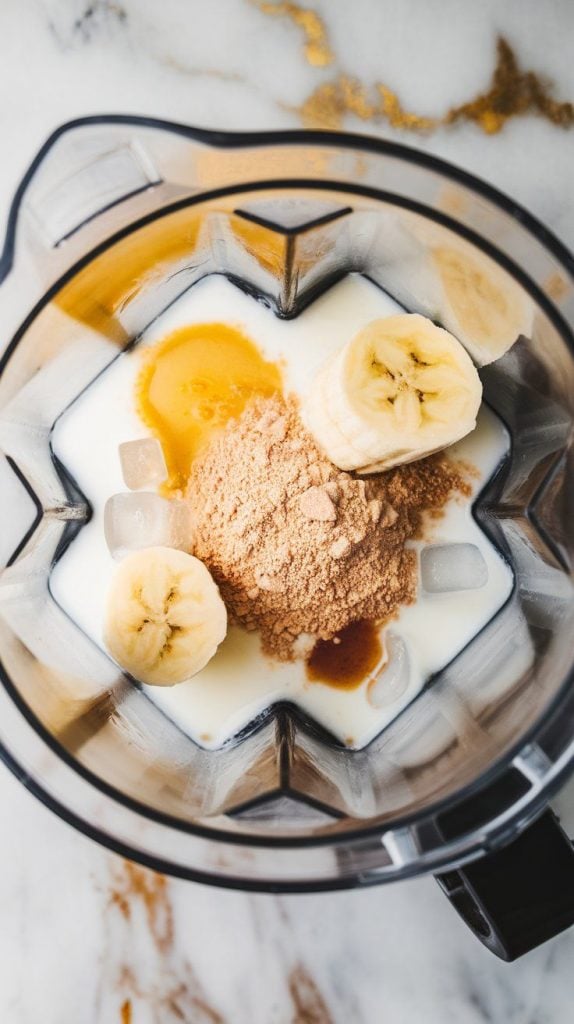 a blender filled with creamy milk, a scoop of vanilla protein powder, a frozen banana slice, fine almond flour, golden butter extract, clear vanilla extract