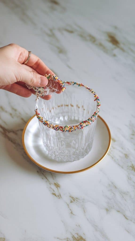 a glass rim being dipped into a small plate of water, followed by a swirl in colorful rainbow sprinkles, creating a fun, festive edge