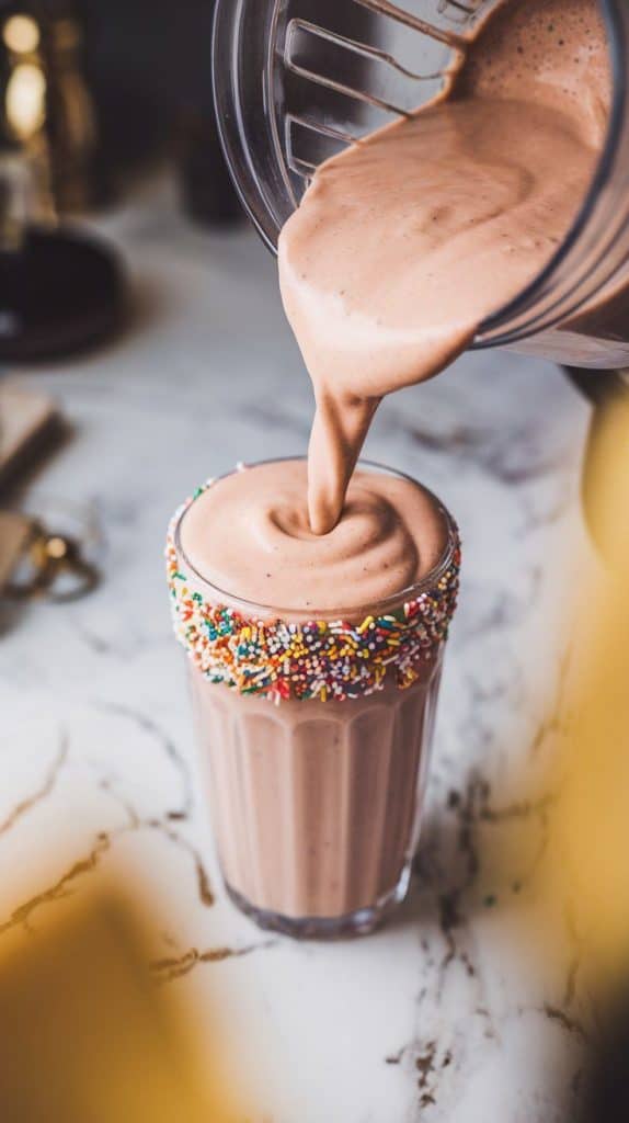 a thick, pastel-colored Cake Batter Protein Shake being poured from a blender into a sprinkle-rimmed glass, filling it to the top