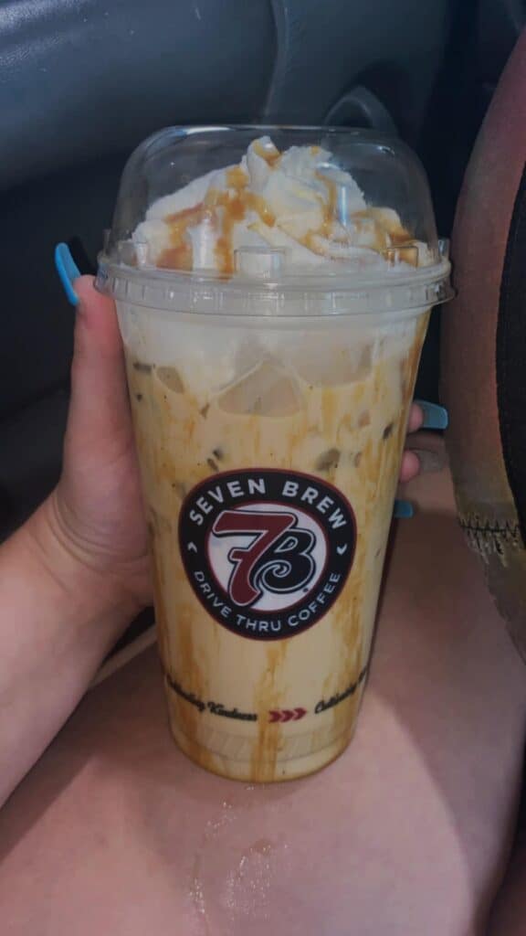 Medium iced funnel cake macchiato with extra caramel drizzle and sweet cream cold foam