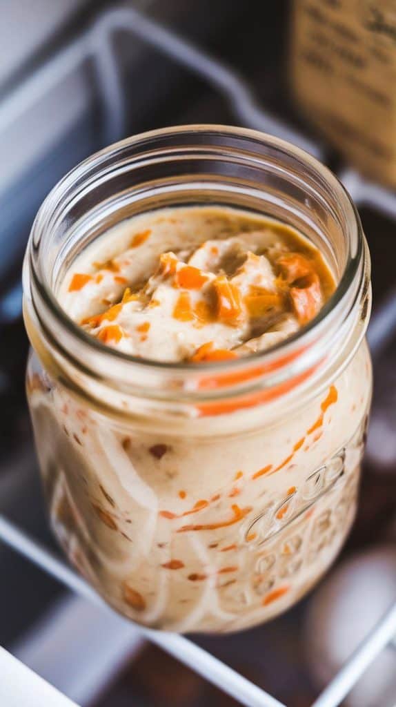 a sealed mason jar filled with creamy Carrot Cake Overnight Oats, resting in the fridge