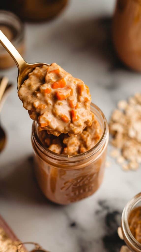 thick, carrot-filled oat mixture being spooned into a glass mason jar, its creamy texture folding over itself