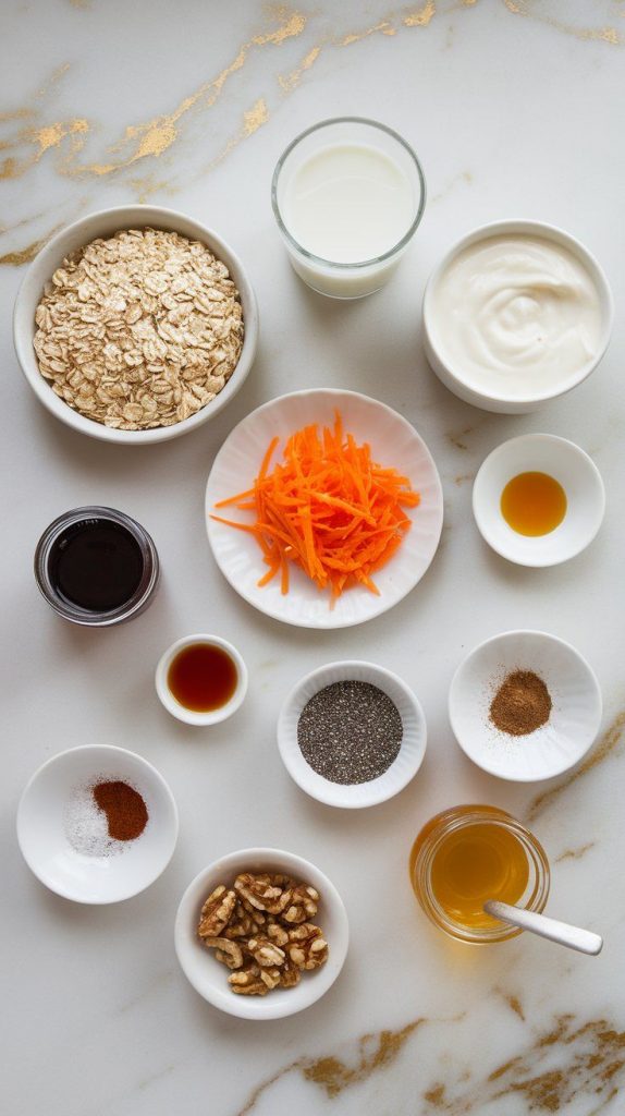 a small plate of rolled oats, a small glass of milk, a small plate of Greek yogurt, a small plate of shredded carrot, a small plate of chia seeds, a small plate of maple syrup, a small plate of vanilla extract, a small plate of cinnamon, a small plate of nutmeg, a small plate of chopped walnuts, and a small plate of honey