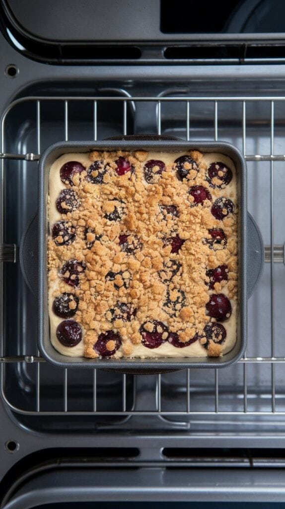 of cherry crumb coffee cake baking on the center rack of a modern stainless steel double oven, crumb topping turning golden brown