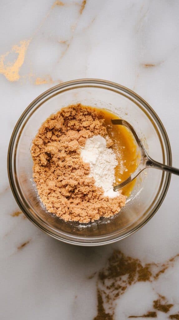 brown sugar, flour, and cinnamon being mixed with melted butter in a small bowl, forming coarse crumbs with golden color,