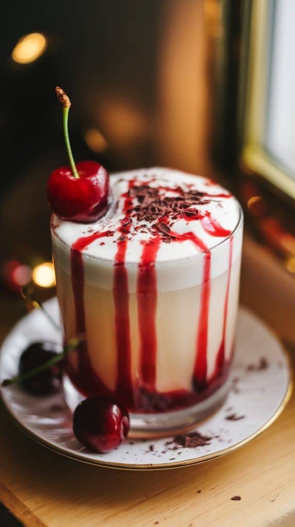 A super close-up shot of a Cherry White Russian topped with a fresh cherry on the rim, cherry syrup drizzled over the cream, and dark chocolate shavings