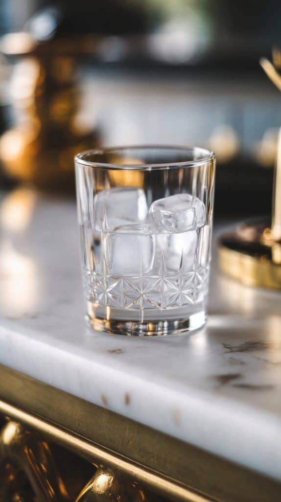 A super close-up shot of a short glass filled with ice cubes
