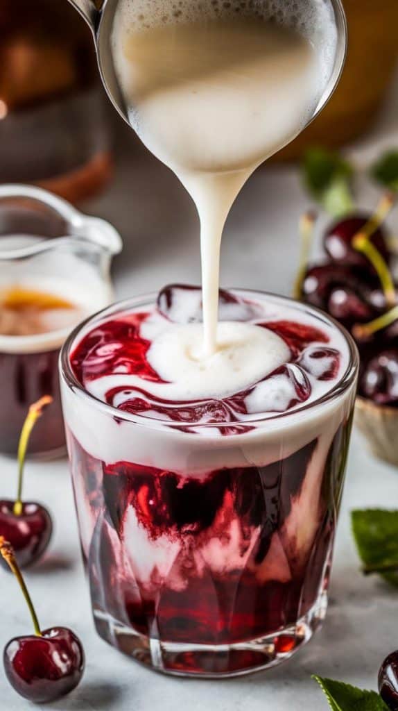 A super close-up shot of heavy cream being poured over a spoon into a glass filled with ice and deep red liqueur layers
