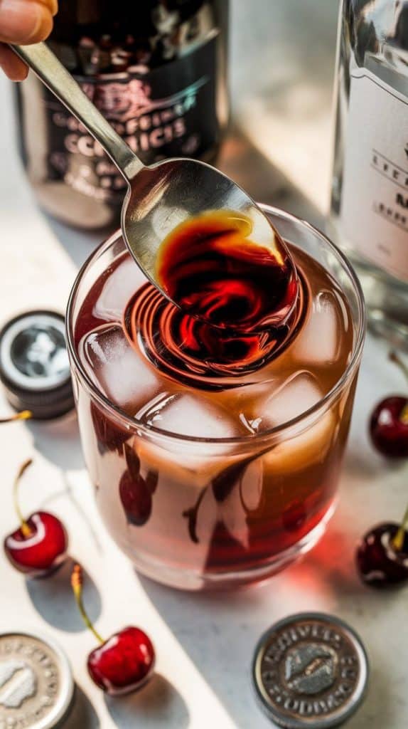 A super close-up, top-down shot of a bar spoon stirring vodka, coffee liqueur, and bright red cherry syrup