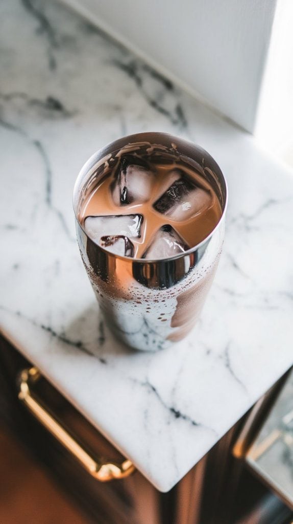 A super close-up shot of a stainless steel cocktail shaker filled with ice cubes and a creamy chocolate mixture, condensation forming on the outside