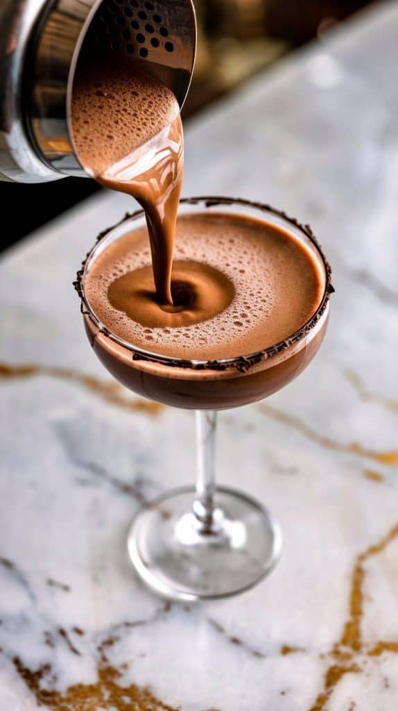 A super close-up shot of a frothy, rich chocolate martini being poured from a cocktail shaker into a chocolate-rimmed cocktail glass