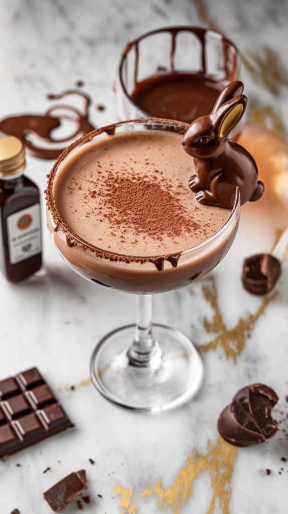 A super close-up shot of a Chocolate Bunny Martini, the surface slightly frothy with a dusting of cocoa powder, and a small chocolate bunny resting on the edge of the glass