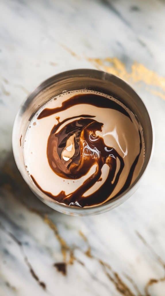 A super close-up shot of a cocktail shaker filled with creamy chocolate liqueur, vanilla vodka, Irish cream, milk, and a drizzle of chocolate syrup, the ingredients swirling together before shaking