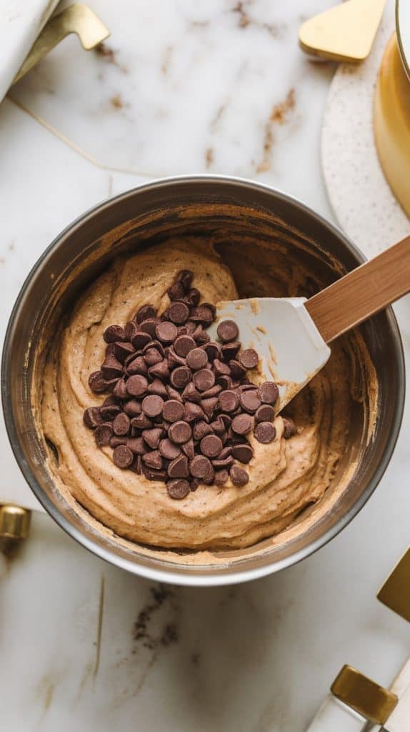 rich chocolate chips being folded into the banana bread batter with a spatula, the chocolate speckled throughout