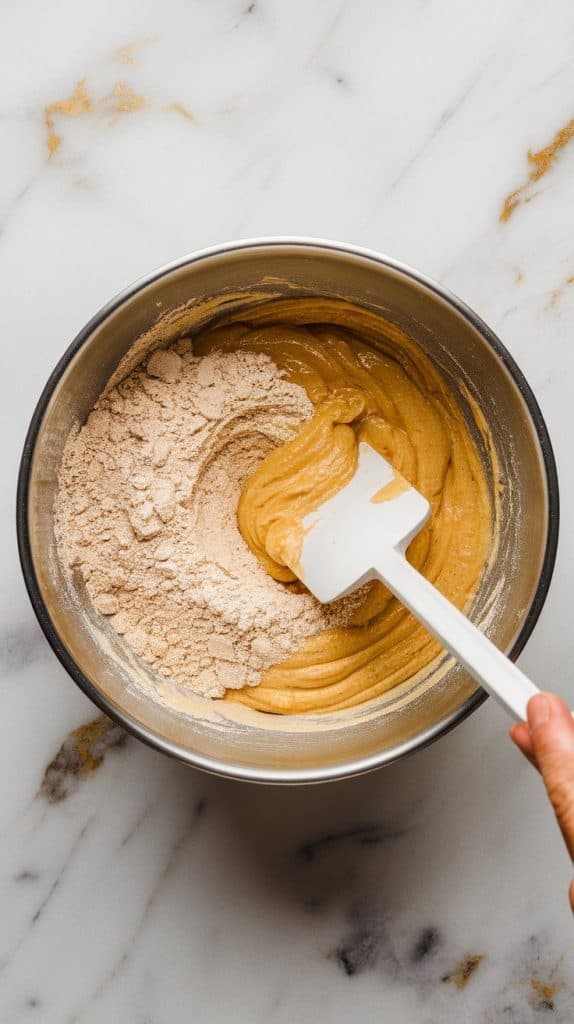 a spatula folding dry flour mixture into the wet banana mixture, creating a thick, slightly lumpy batter