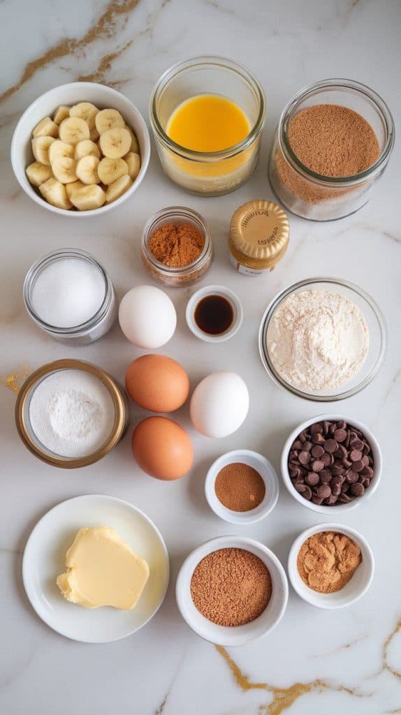 a small plate of mashed bananas, a small plate of melted butter, a small plate of brown sugar, a small plate of granulated sugar, a small plate of eggs, a small plate of vanilla extract, a small plate of all-purpose flour, a small plate of baking soda, a small plate of salt, a small plate of cinnamon, a small plate of chocolate chips, a small plate of brown sugar mixed with cinnamon, and a small plate of melted butter for the swirl