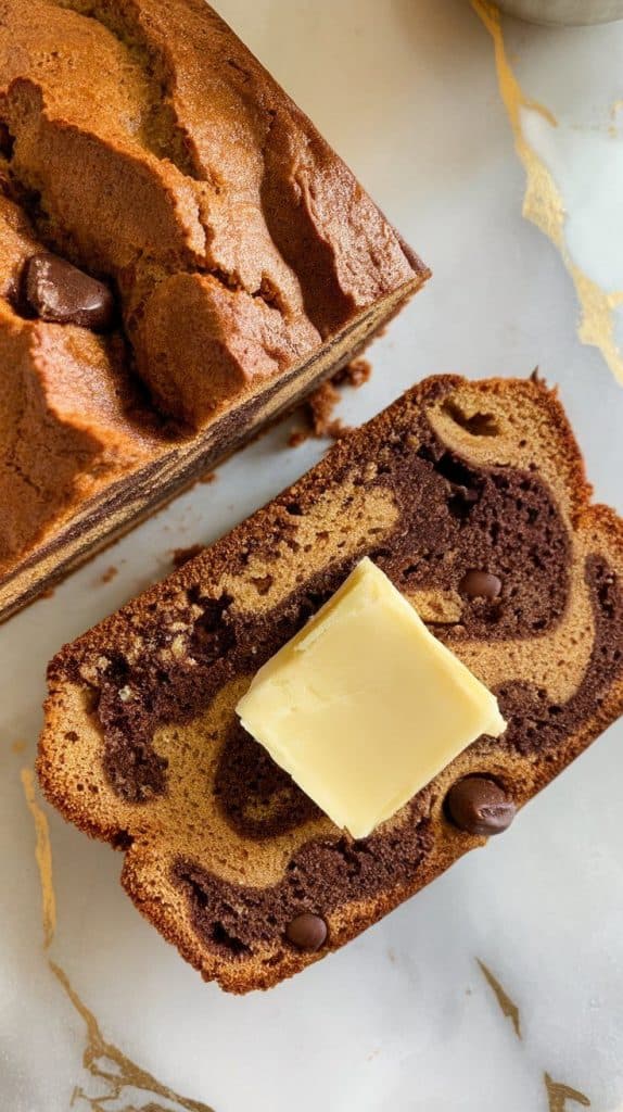 a freshly sliced loaf of Chocolate Chip Cinnamon Swirl Banana Bread, revealing gooey chocolate chips and a rich cinnamon swirl inside