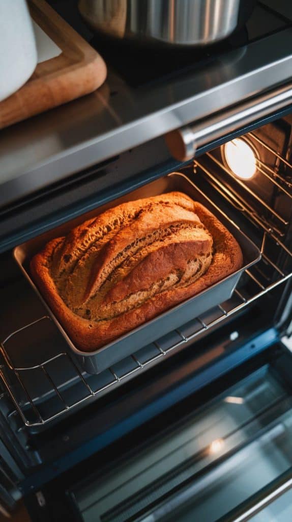 a golden-brown loaf of banana bread baking inside a modern stainless steel double oven, the top slightly cracked with visible cinnamon swirls