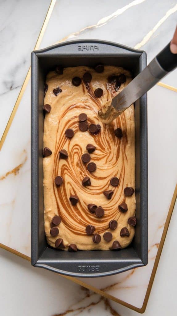 a loaf pan filled halfway with banana bread batter, with thick cinnamon swirl drizzled on top