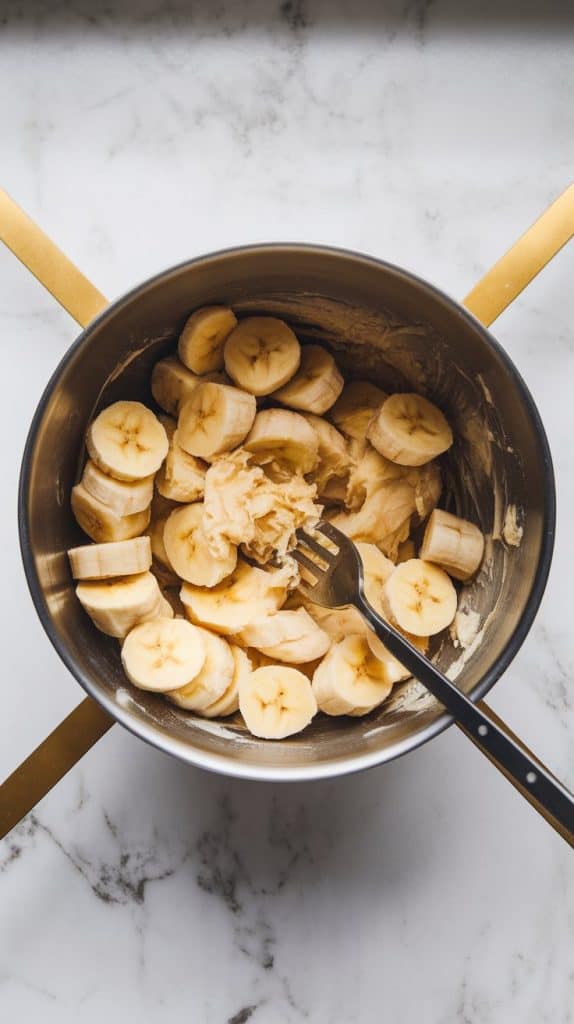 a mixing bowl filled with ripe, mashed bananas, their soft texture slightly chunky