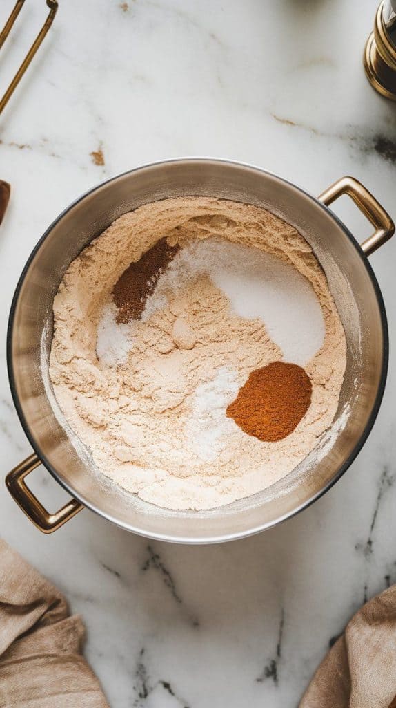 a mixing bowl with all-purpose flour, baking soda, salt, and cinnamon being whisked together, creating a light, fluffy mixture
