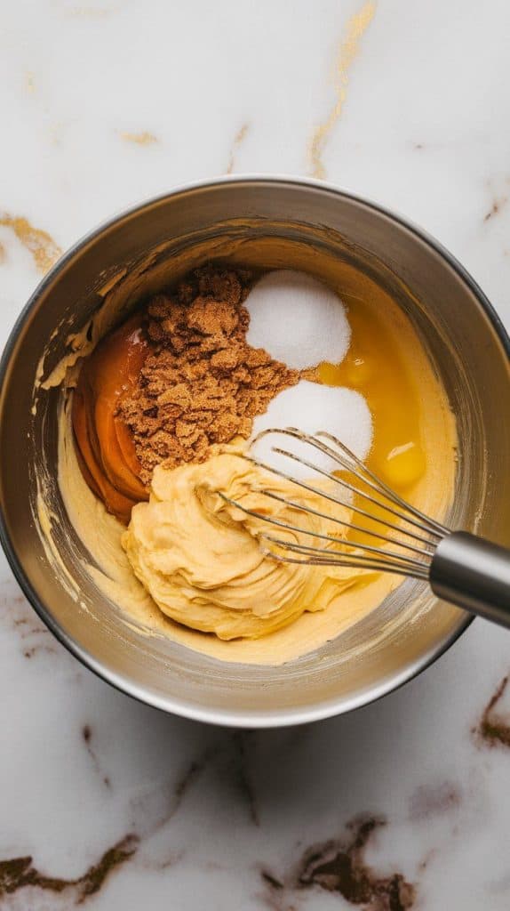 a mixing bowl with mashed bananas, golden melted butter, brown sugar, granulated sugar, eggs, and vanilla extract being whisked together until smooth
