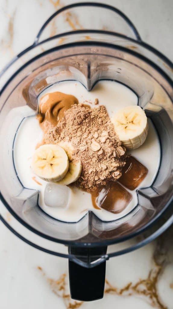 a blender filled with creamy milk, a scoop of vanilla protein powder, a sliced frozen banana, smooth almond butter, fine oat flour, clear vanilla extract, and ice cubes