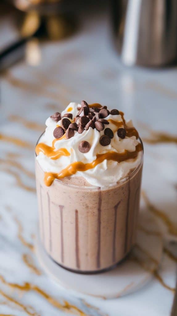  a thick Chocolate Chip Cookie Dough Protein Shake topped with whipped cream, a drizzle of almond butter, and a handful of mini chocolate chips