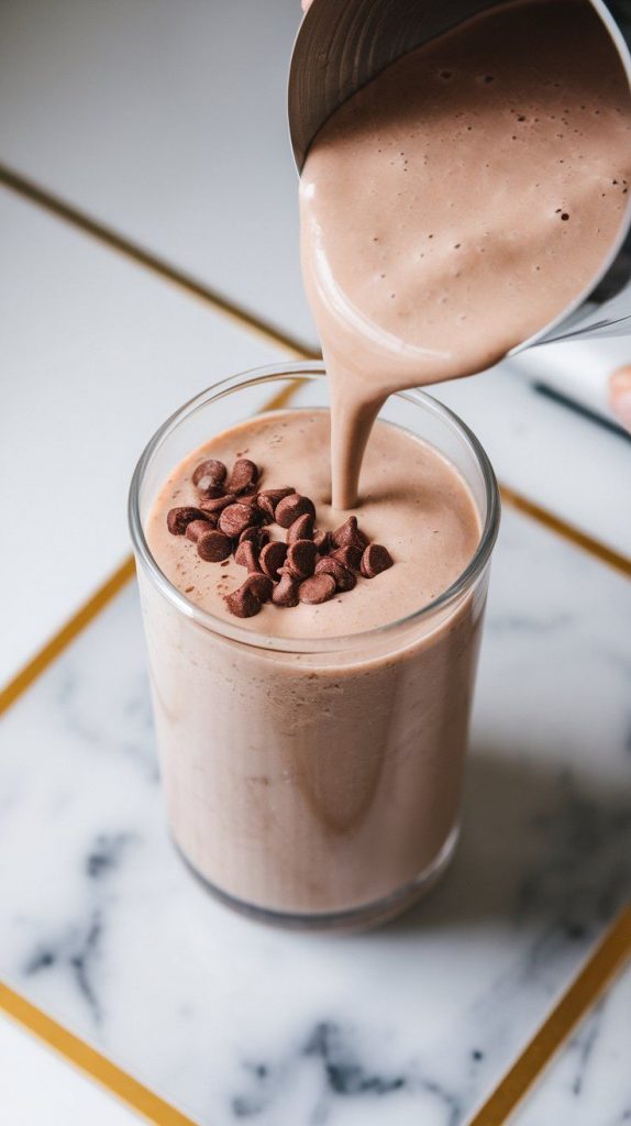 a creamy vanilla shake being poured into a tall glass, with tiny mini chocolate chips being stirred in with a spoon.