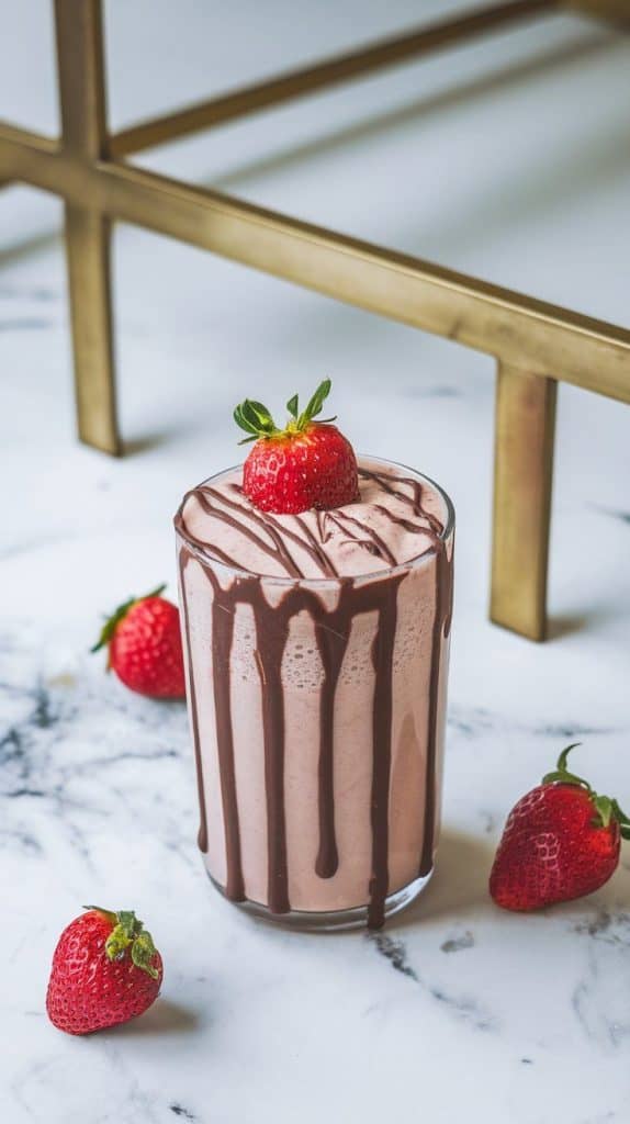 a Chocolate Covered Strawberry Protein Shake topped with a fresh strawberry, a dusting of cocoa powder, and a drizzle of melted dark chocolate.