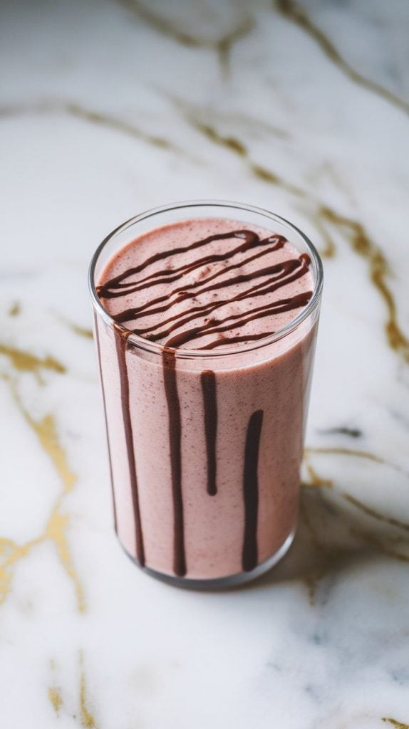 melted chocolate being drizzled inside a tall glass, creating smooth, glossy streaks before the thick pink smoothie is poured in.