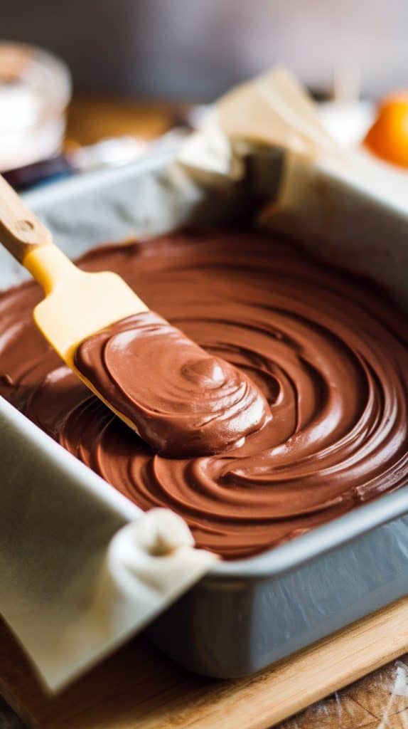 A super close-up shot of a spatula spreading thick chocolate orange fudge