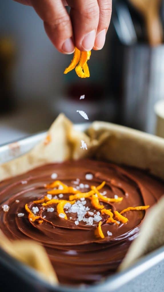 A super close-up shot of a drizzle of melted chocolate over the smooth surface of the fudge,