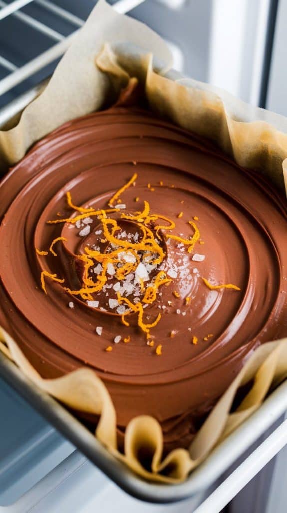 A super close-up shot of a baking dish covered with plastic wrap, resting in the fridge